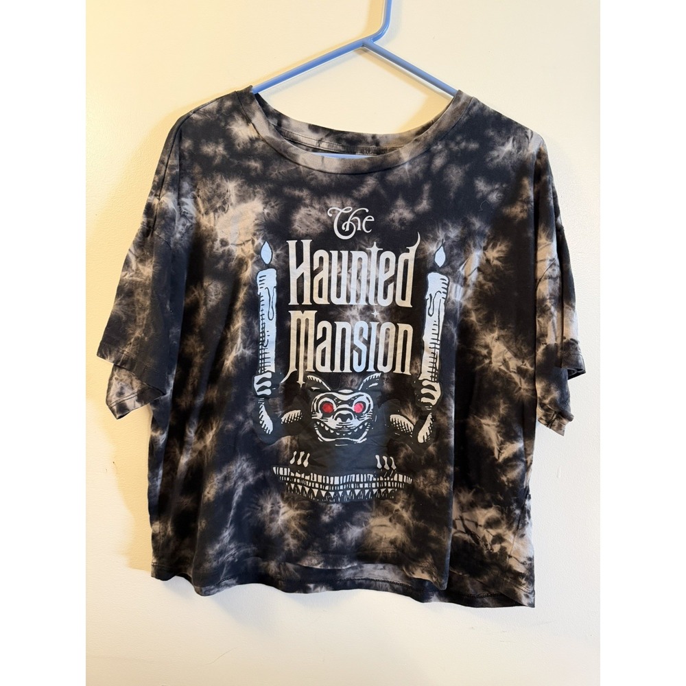 Disney Haunted Mansion Hatbox Ghost Black Tie-Dye Graphic Tee Crew Neck Crop top